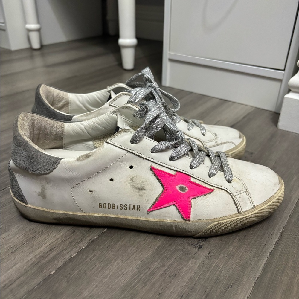 Golden Goose White and Pink Distressed Sneakers